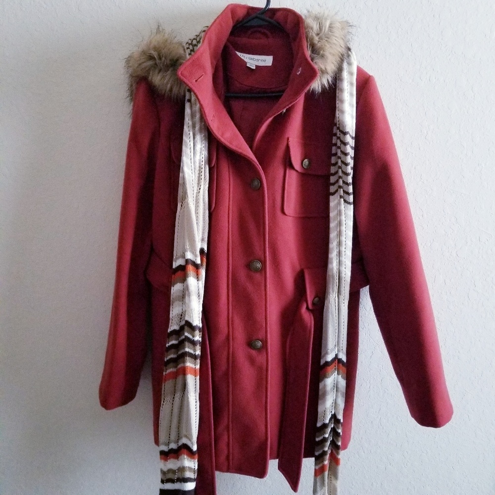 LIZ CLAIBORNE Hooded Fur Lined Peacoat